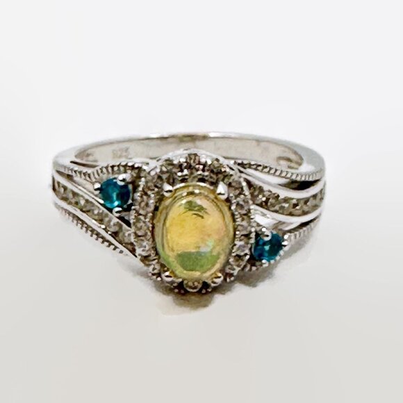 Jelly Opal Ring, Sterling Silver, Vintage, Size 10, CZs, Faux Blue Topaz - Picture 7 of 7